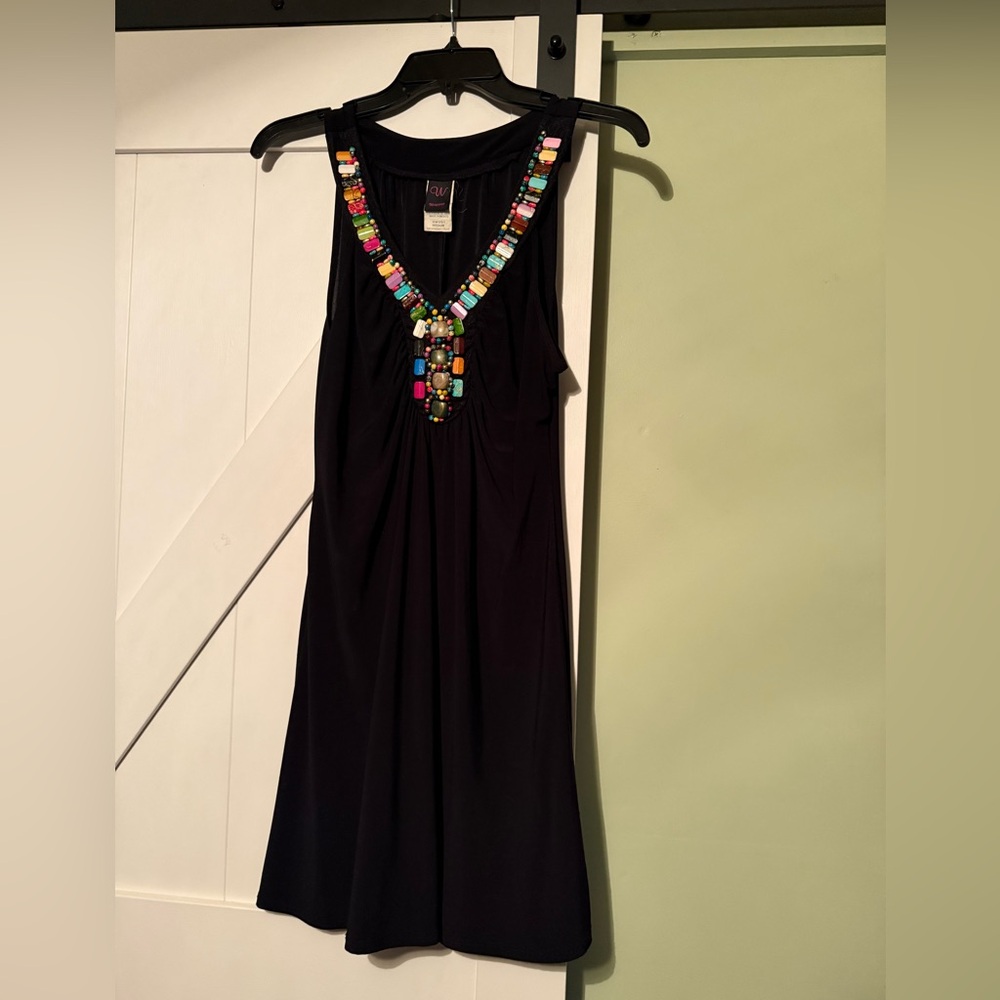 Wrapper Black Midi Dress with Multicolored Beaded Neckline